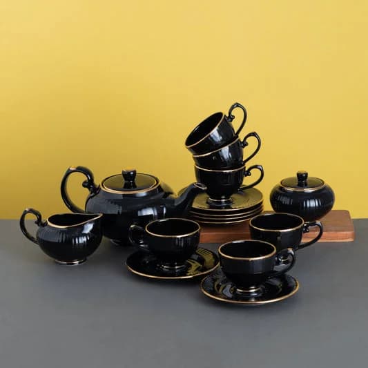 Julie Impression Luxurious 1401 Black Tea Set of 15 — Vitrified Tableware Angle 2 | Prince Ceramics Khurja