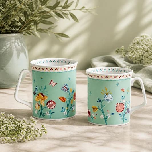 Endless Summer Polo Milk Mug, Set of 2, 300ml each — Vitrified Tableware Angle 2 | Prince Ceramics Khurja