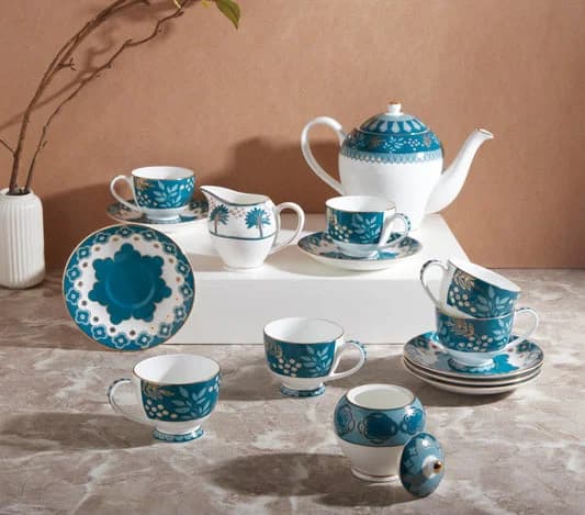 Oceanic Opulence Olive Tea Set — Commercial Vitrified Ceramic Tableware Khurja