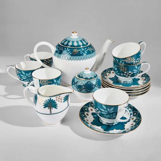 Oceanic Opulence Olive Tea Set — Vitrified Tableware Angle 2 | Prince Ceramics Khurja