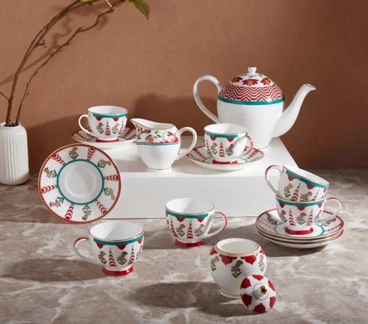 Blushed Orchard Olive Tea Set — Commercial Vitrified Ceramic Tableware Khurja