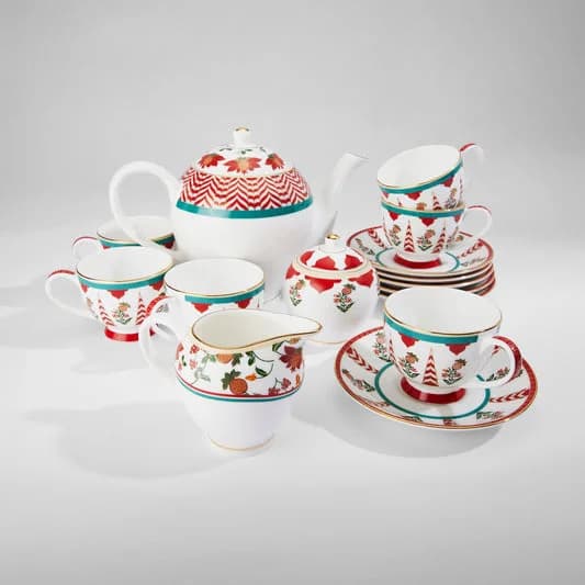 Blushed Orchard Olive Tea Set — Vitrified Tableware Angle 2 | Prince Ceramics Khurja
