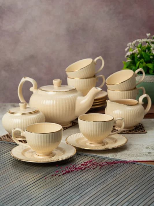 Julie Impression Luxurious 1401 IVORY Tea Set of 15 — Commercial Vitrified Ceramic Tableware Khurja