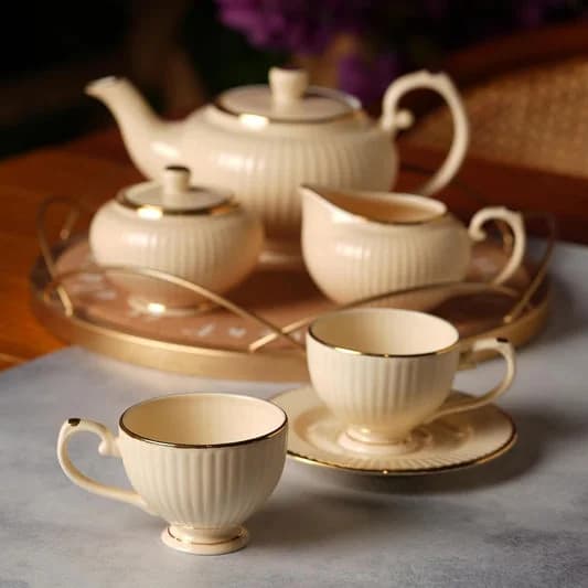 Julie Impression Luxurious 1401 IVORY Tea Set of 15 — Vitrified Tableware Angle 2 | Prince Ceramics Khurja