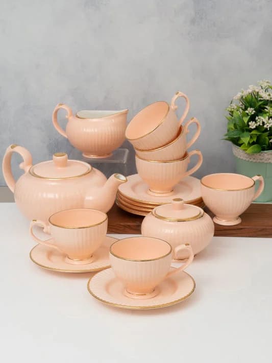 Julie Impression Elegant 1401 Pink Tea Set of 15 — Commercial Vitrified Ceramic Tableware Manufactured in Khurja