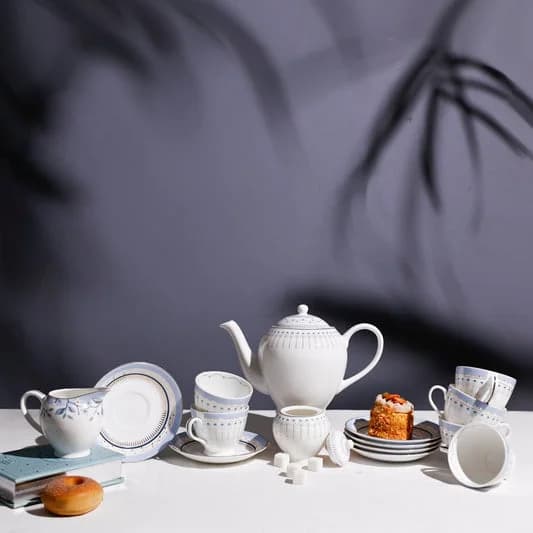 River of Flowers King Tea Set of 15 — Vitrified Tableware Angle 1 | Prince Ceramics Khurja