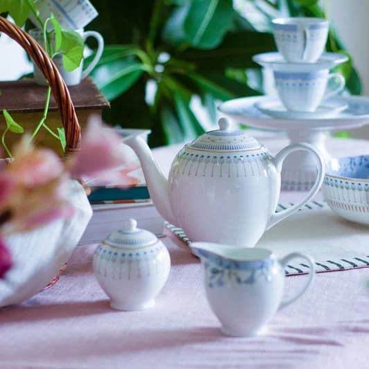 River of Flowers King Tea Set of 15 — Vitrified Tableware Angle 2 | Prince Ceramics Khurja
