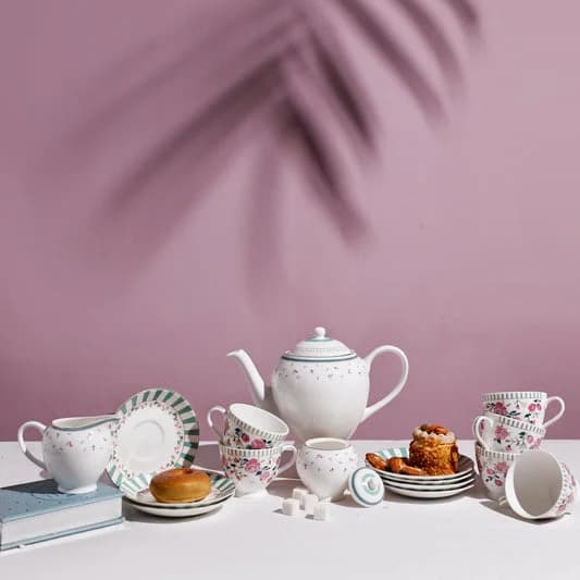 Portrait of a Rose King Tea Set of 15 — Vitrified Tableware Angle 1 | Prince Ceramics Khurja
