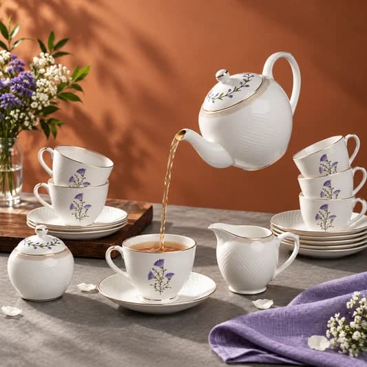 Diamond Impression Tea Set of 15 — Vitrified Tableware Angle 1 | Prince Ceramics Khurja