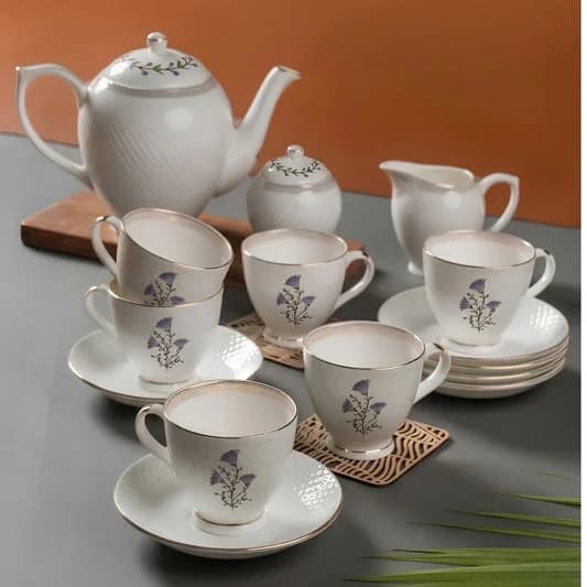 Diamond Impression Tea Set of 15 — Vitrified Tableware Angle 2 | Prince Ceramics Khurja